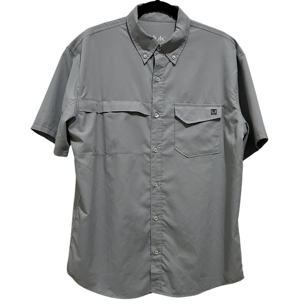 Huk Men's XL Gray Performance Fishing Short Sleeve Moisture Wicking Shirt Button